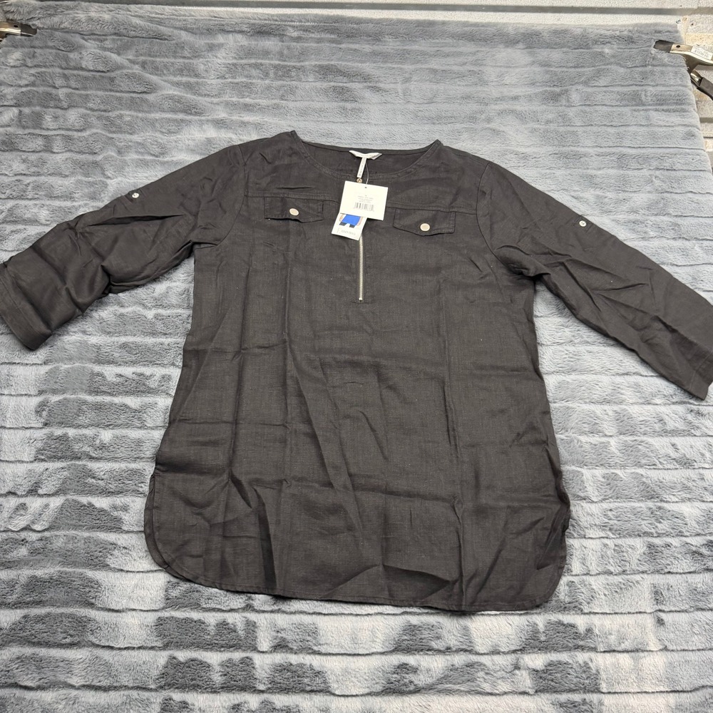 Ellen Tracy Women Black 100% Linen Half Zip Roll Tab Sleeve Tunic Top EFMO3103 M